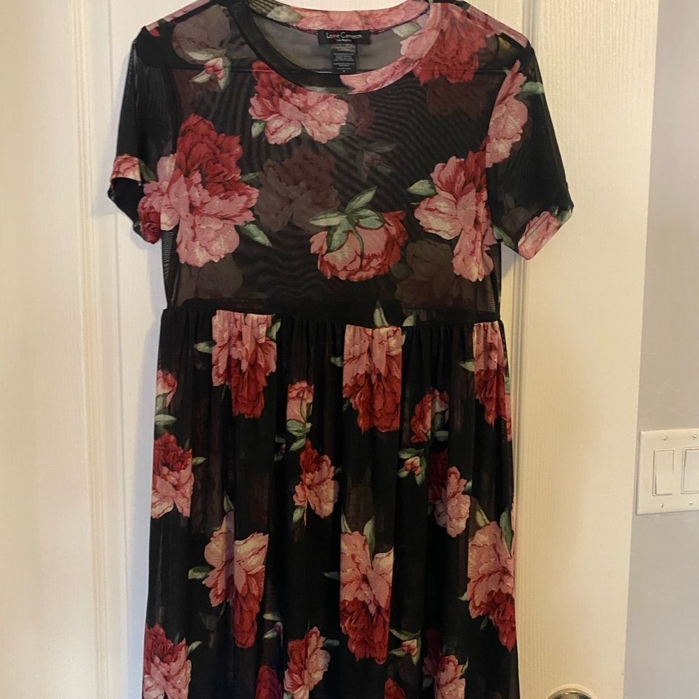 Womens black see through dress with roses - S